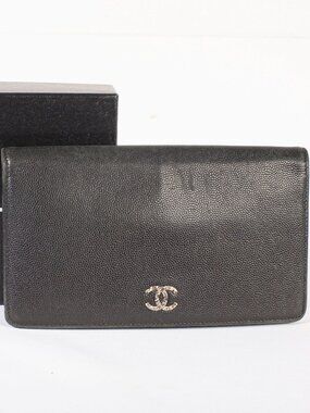 Authentic Vintage Chanel Black Caviar Leather Brilliant L Yen Wallet